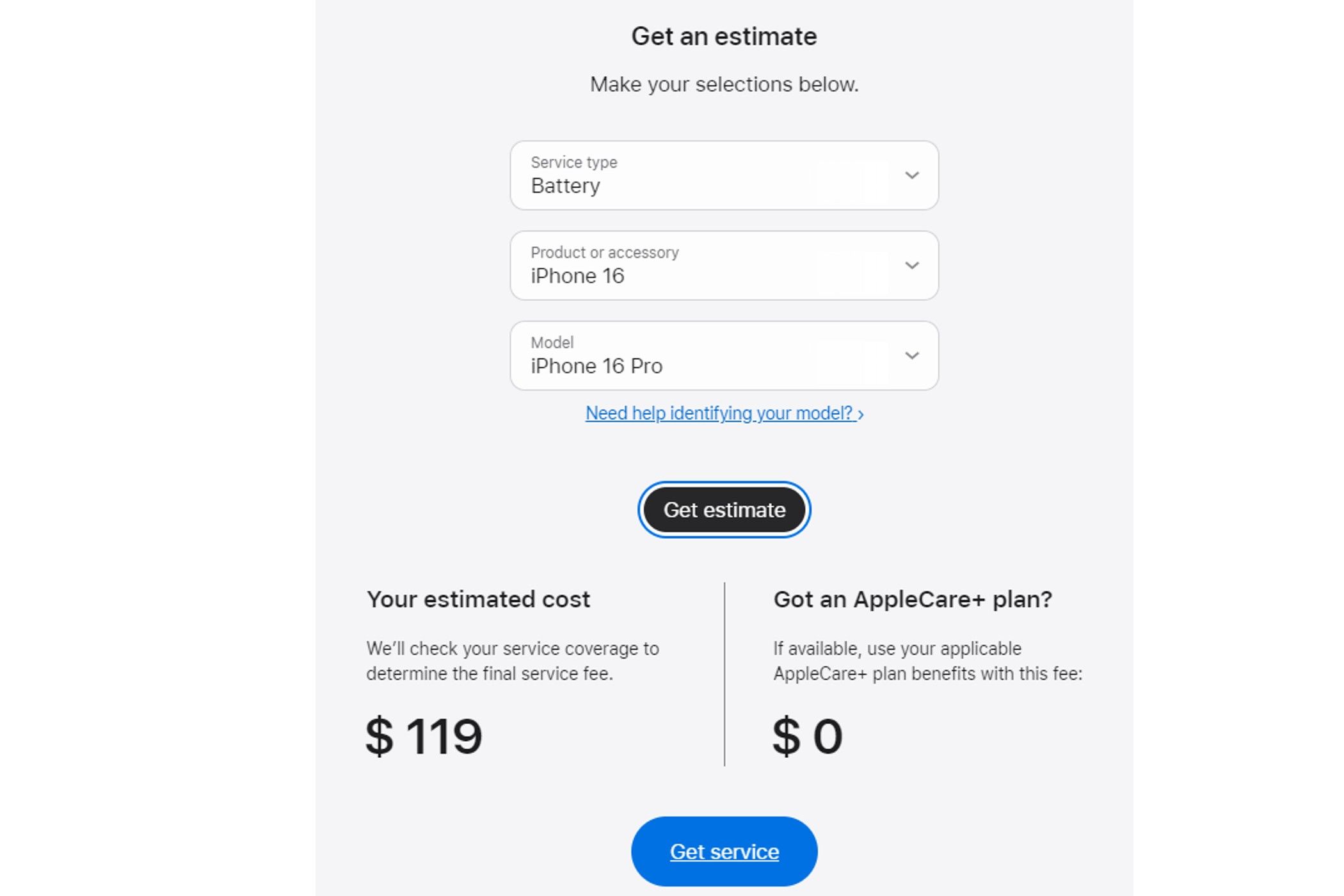 The sections of an estimate for apple product repair filled in with iphone 16 pro battery needs.