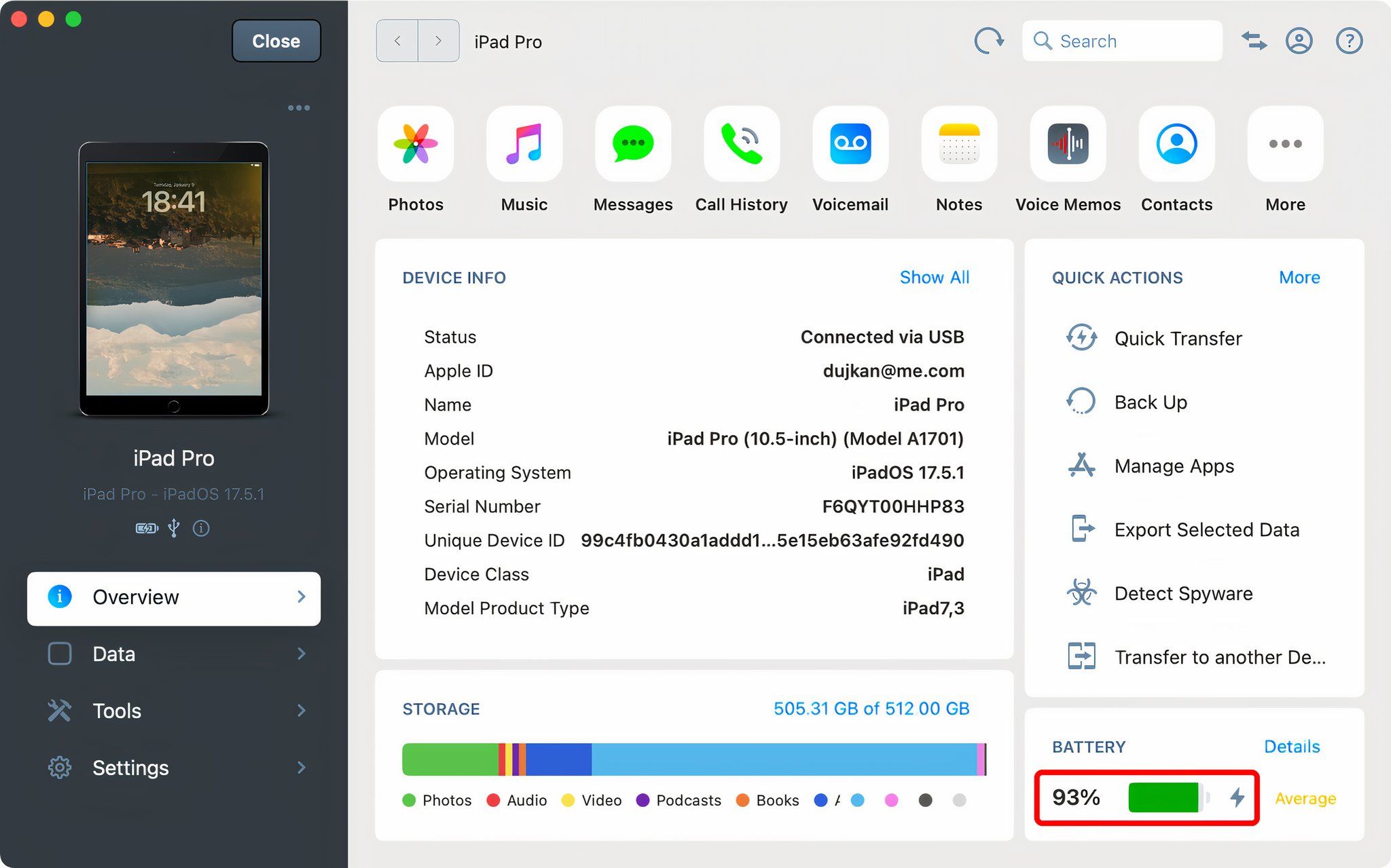 iMazing for Mac displaying iPad Pro stats, with the battery icon highlighted.