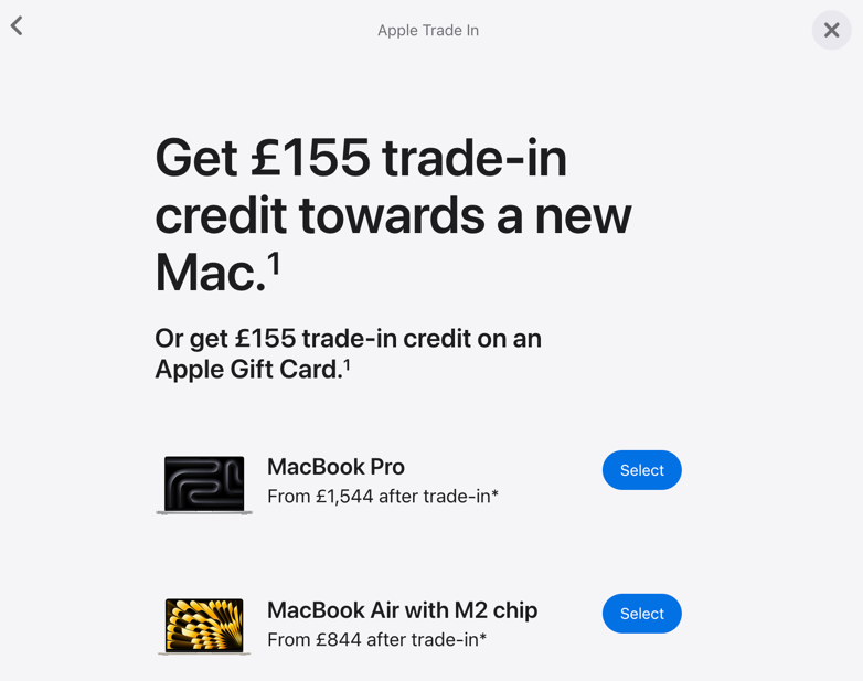 A screenshot from the Apple Trade In website for a 2019 MacBook Pro