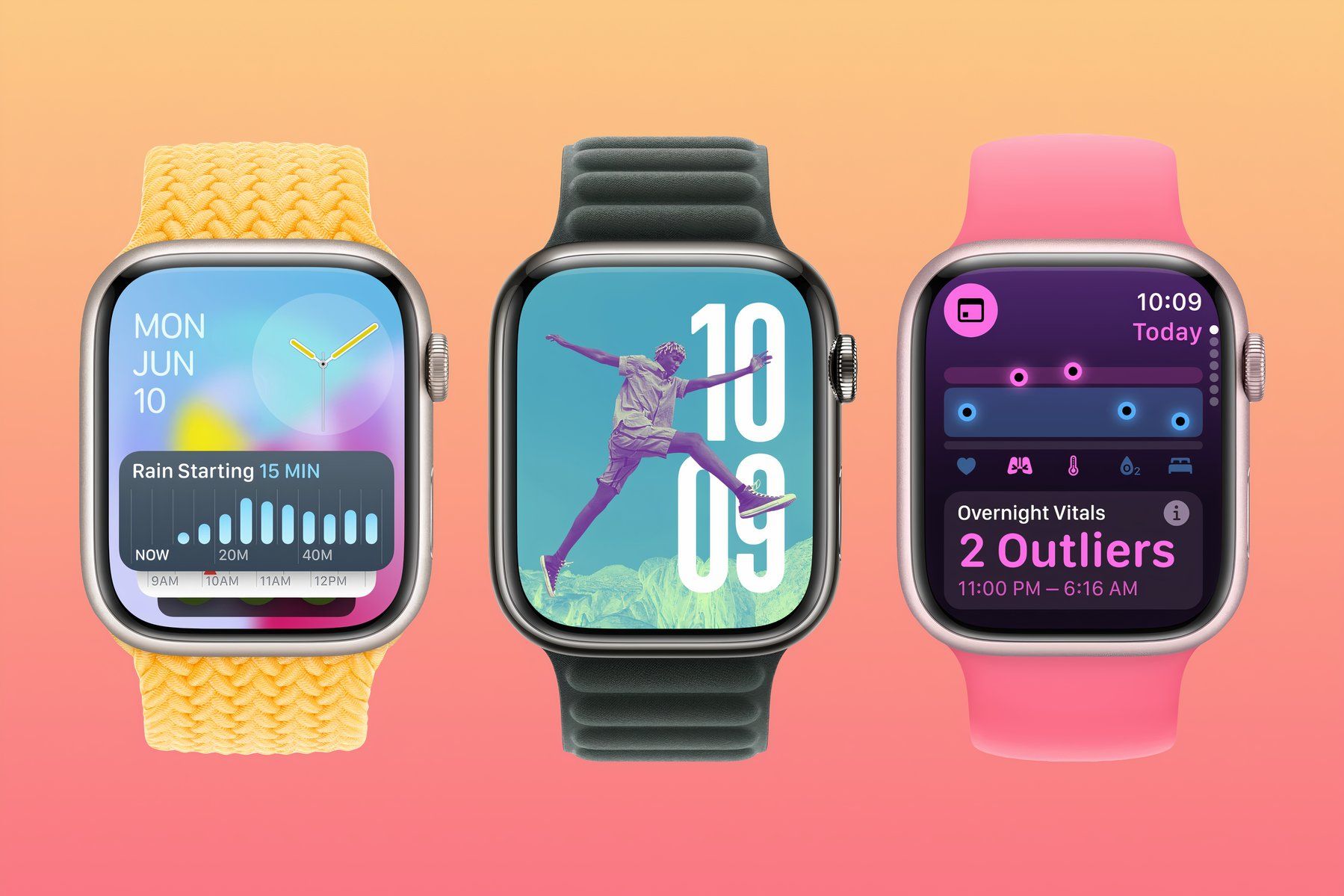 Three Apple Watches showcasing the new watchOS 11 features.