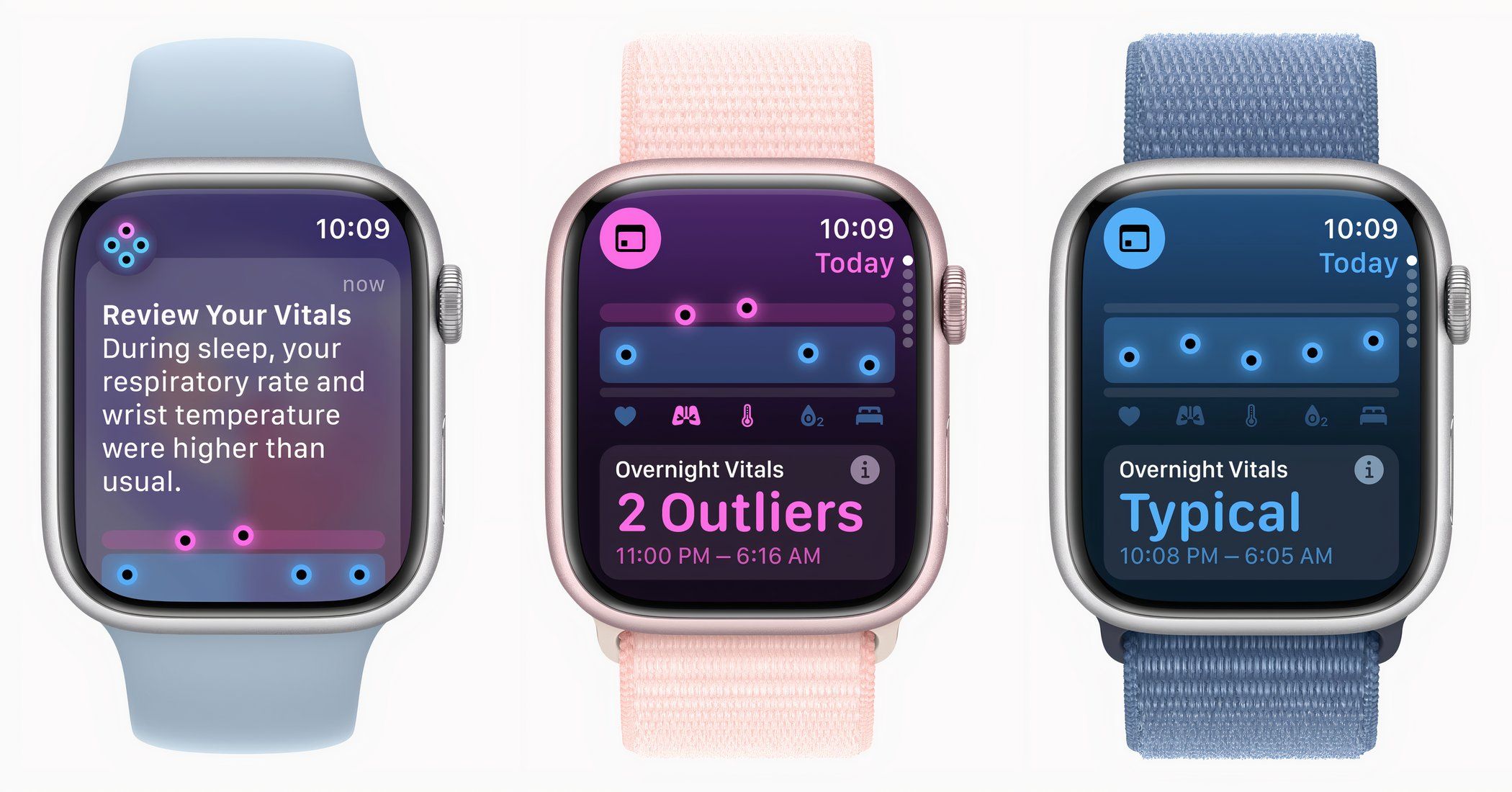 Three Apple Watches showcasing the Apple Vitals app.