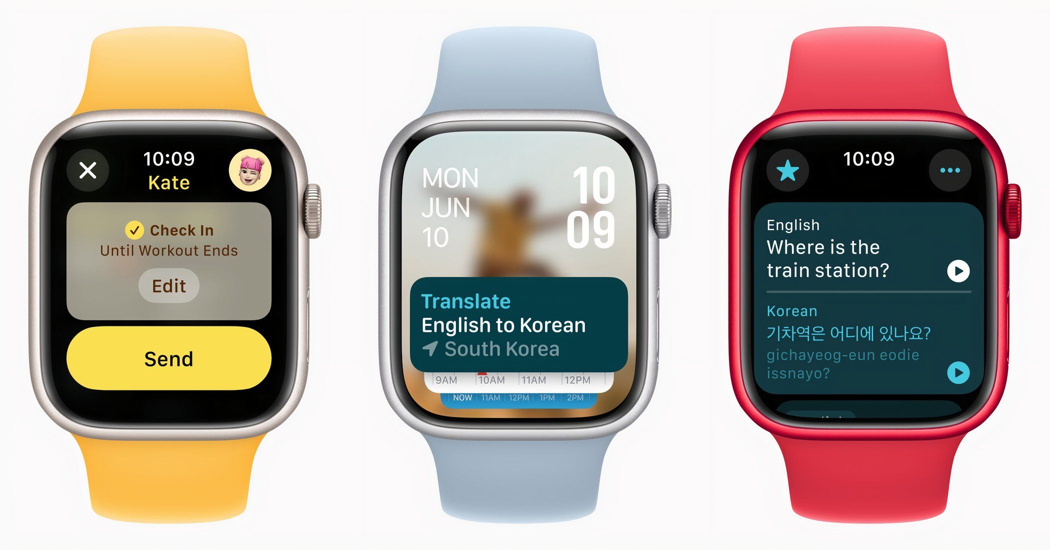 Three Apple Watches showcasing the Check-In feature in the Workout app and the Translate app.