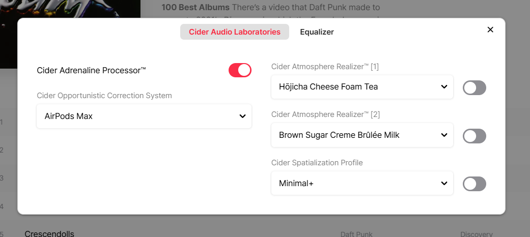 Advanced audio options in Cider.