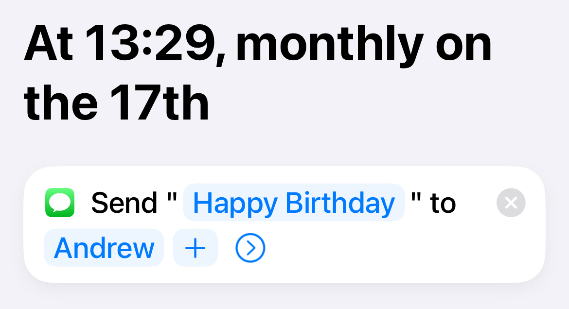 A new scheduled text message in Shortcuts.