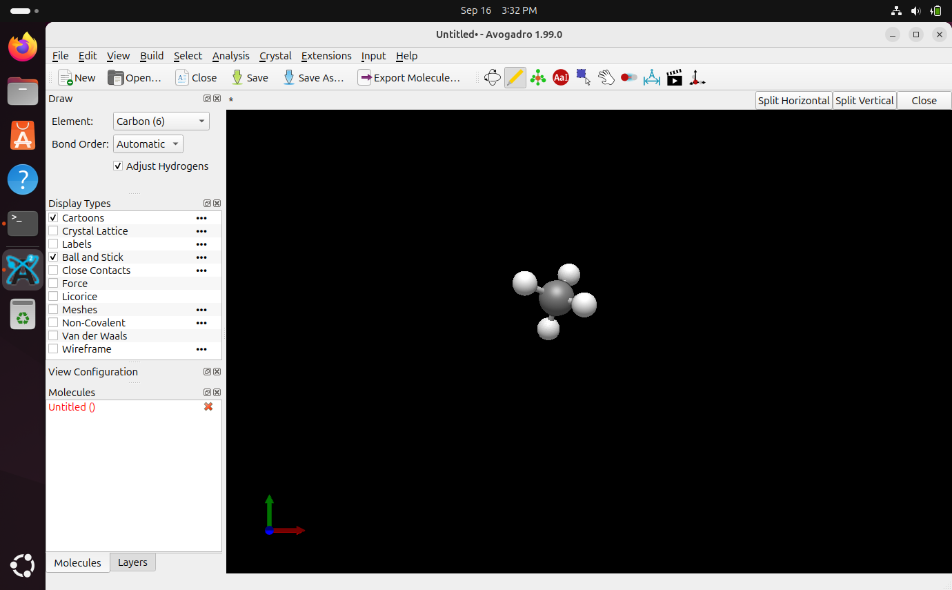 Avogadro in Ubuntu showing a carbon atom.