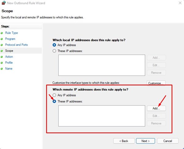 select the 'These IP Addresses' checkbox