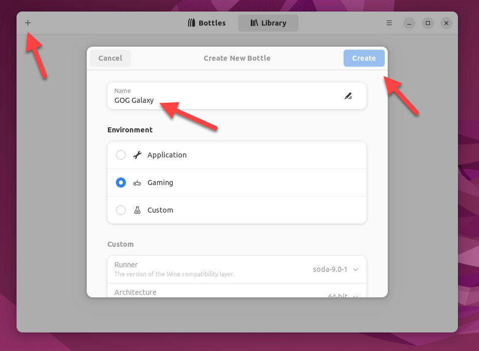 In Bottles, choose your new bottle name, select the Gaming option, then click Create to create it.