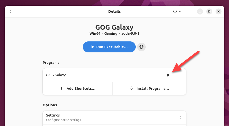 Click the Launch button to start the GOG Galaxy client using Bottles on Linux