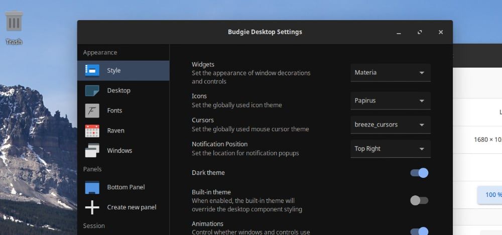 Budgie Desktop Settings menu in Solus Linux.