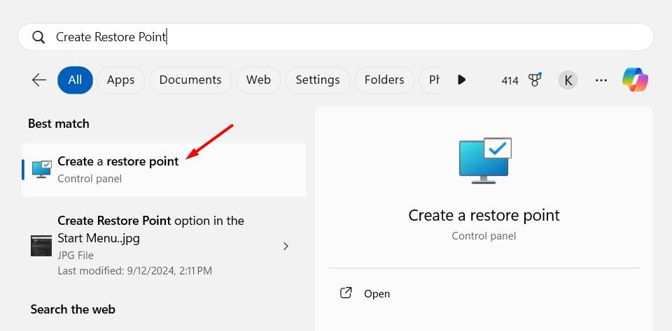 Create Restore Point option in the Start Menu.-1