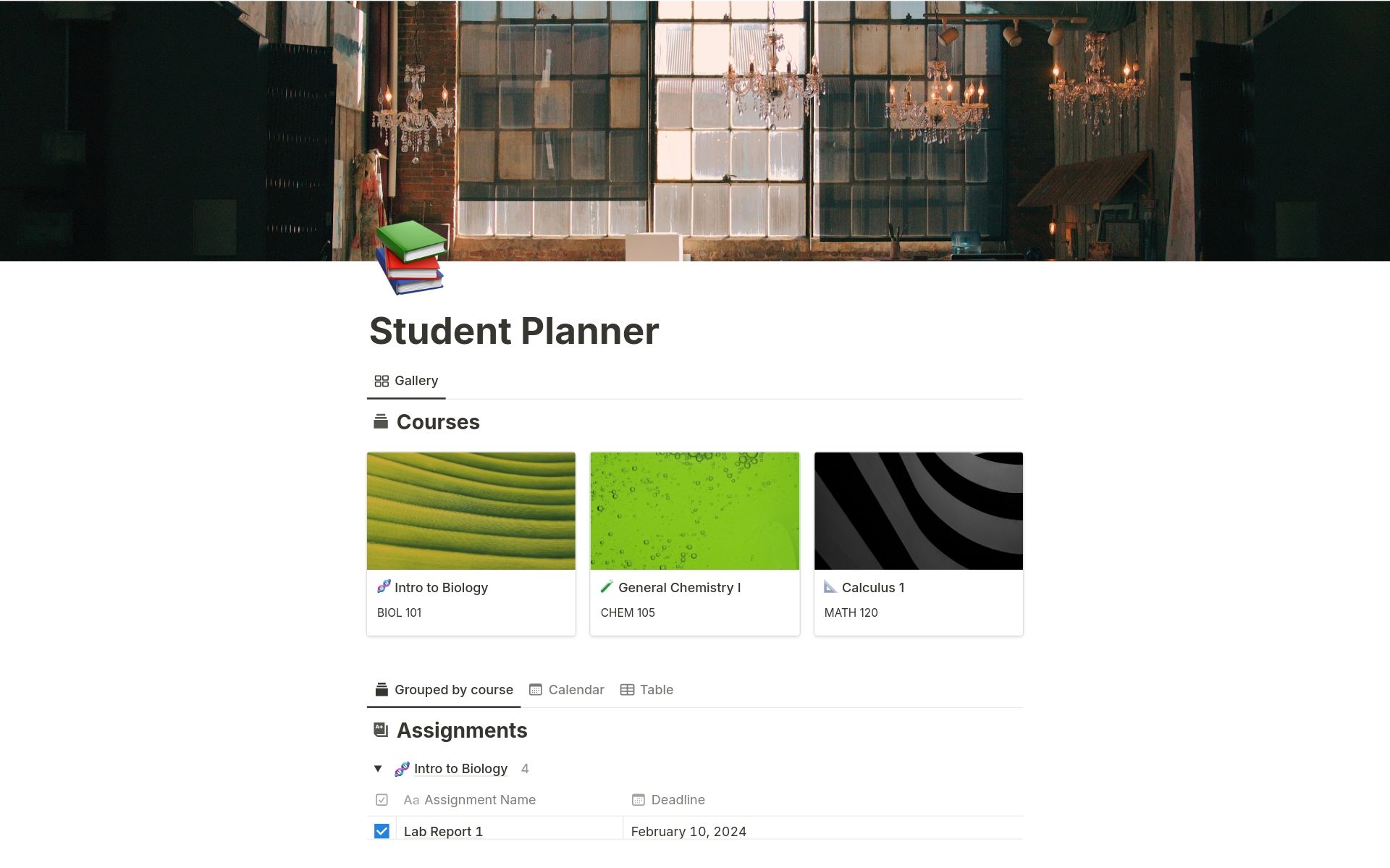 Notion dashboard displaying a Student Planner template, with sections including Courses and Assignments.