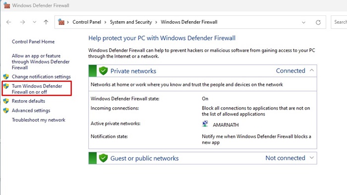 Turn Windows Defender Firewall on or off