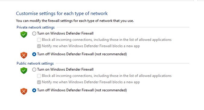 Turn off Windows Defender Firewall