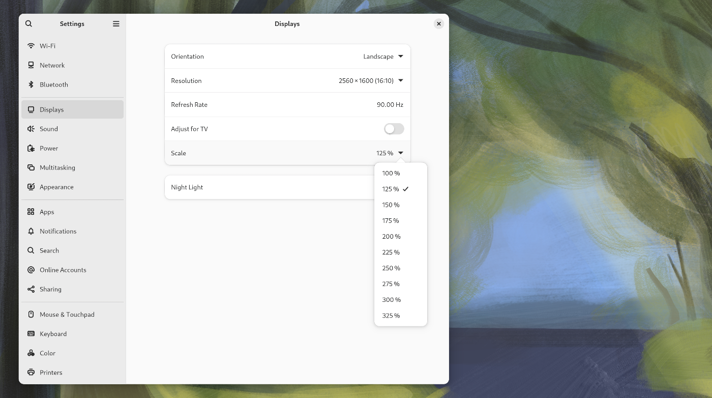 Display scaling settings in Fedora Workstation 40.