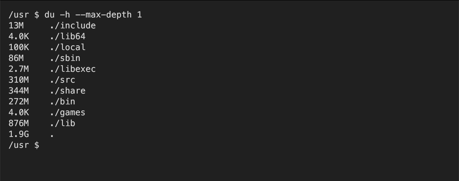 The du --max-depth command showing total sizes of immediate sub-directories only.