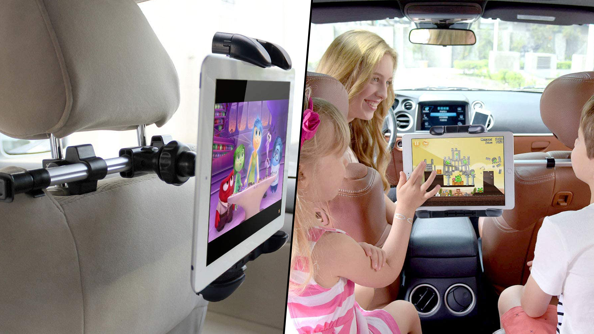 Split screen image of tablet mount (left) and kids watching stuff on the mounted tablet in a car (right)