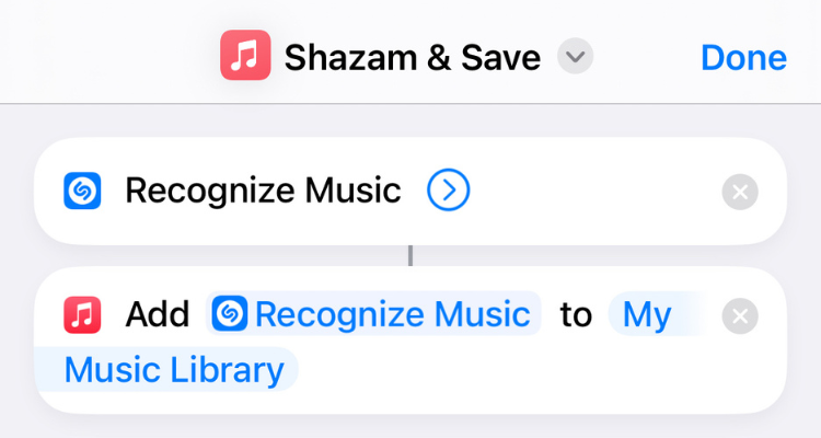 Screengrab of the Shazam iPhone shortcut.