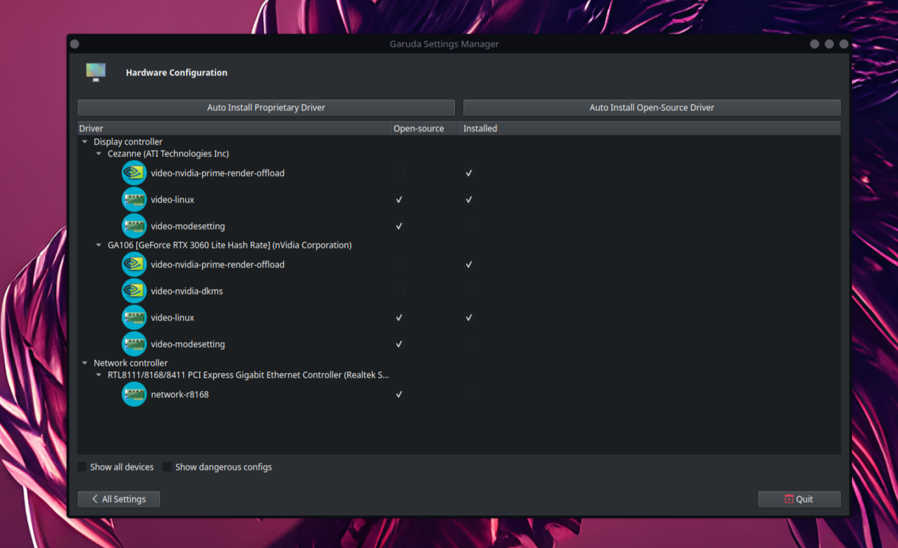 Garuda Linux Settings Manager Driver Management