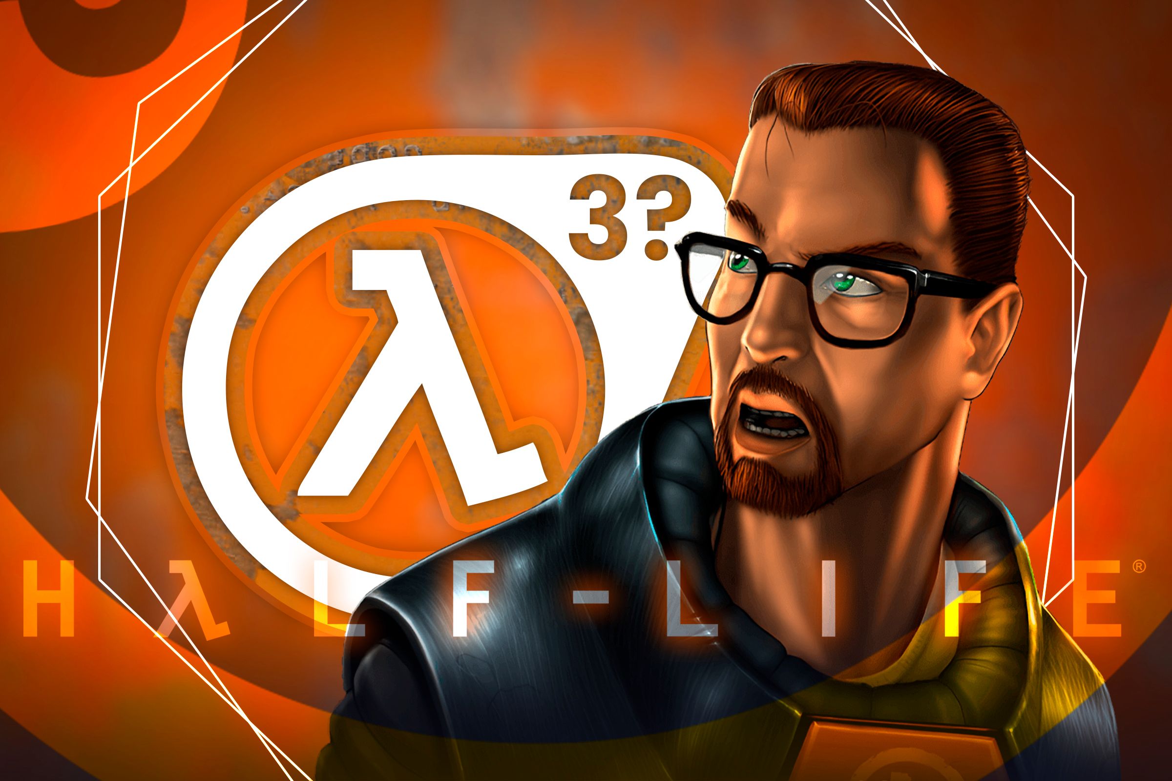 Gordon Freeman, from Half-Life, with the logo of a potential Half-Life 3 next to him.