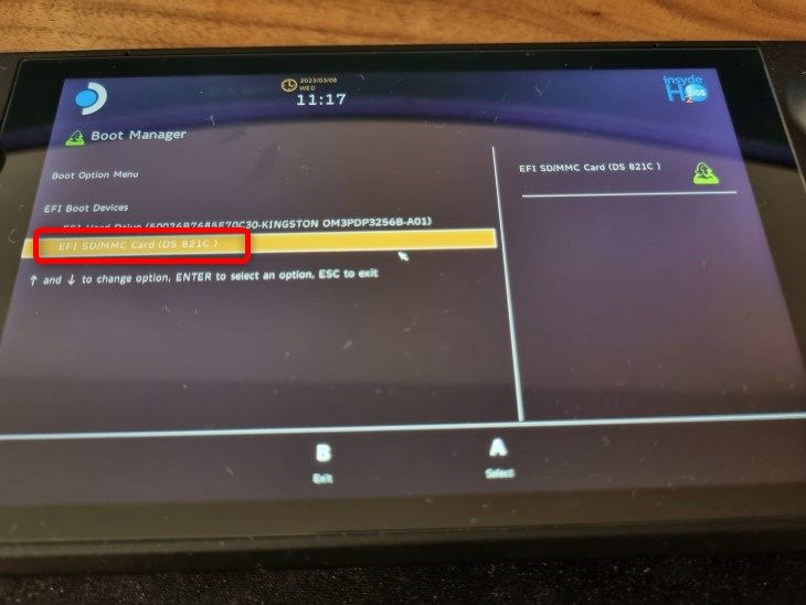 Showing Steam Deck's Boot Selection Menu and available boot options. Pick the option that includes your MicroSD card with Windows To Go