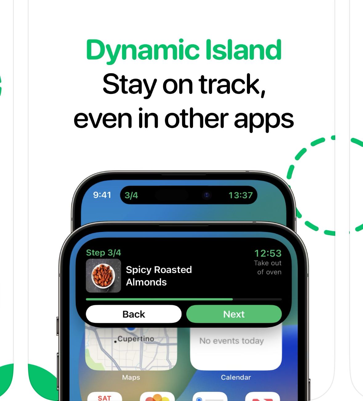 Two iPhones showing recipe steps in Dynamic Island through Pestle app.