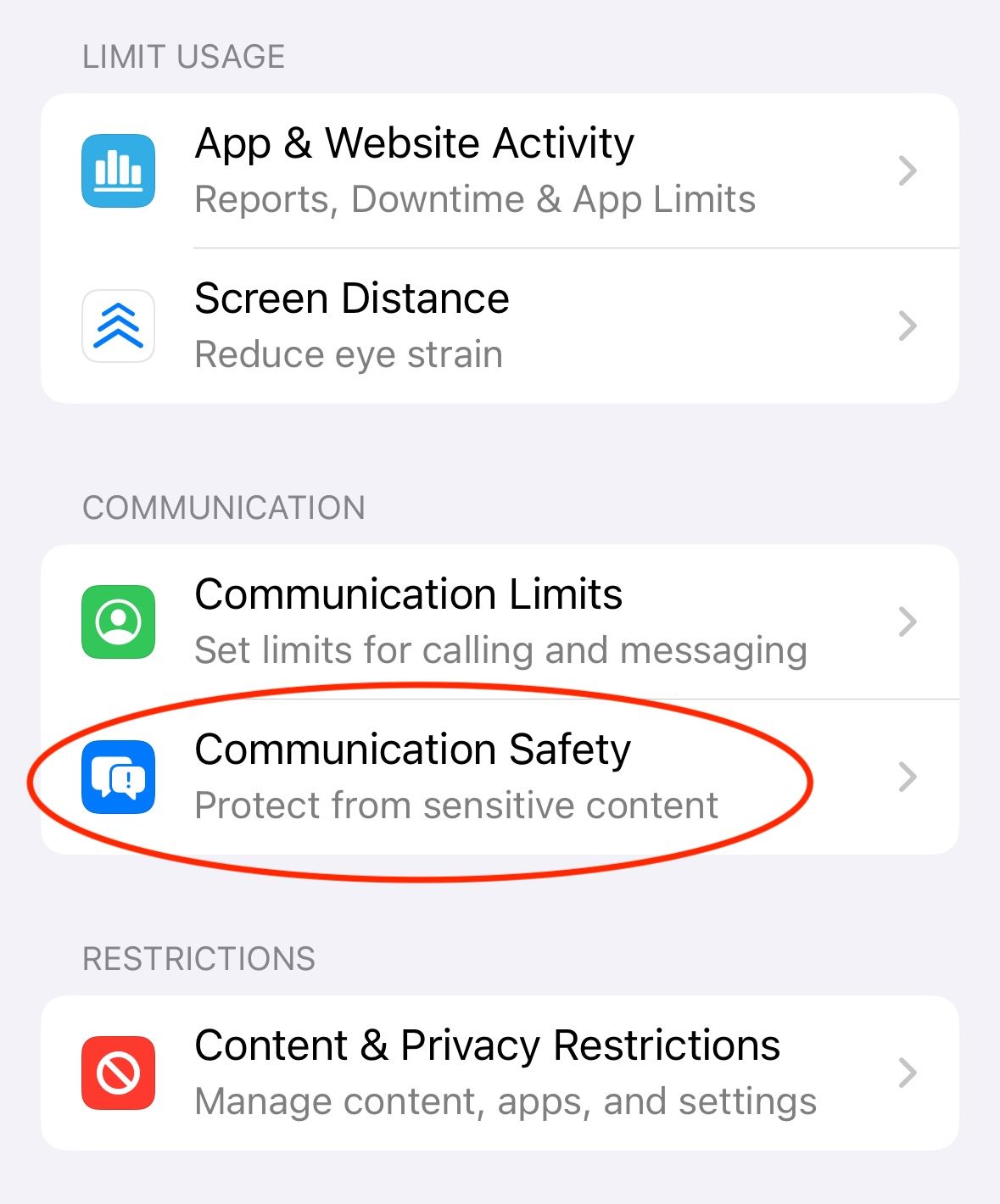 Screen Time settings with Communication Safety circled.