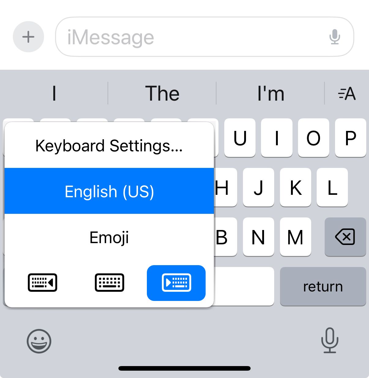 iOS iPhone keyboard showing the selections for moving the keyboard to the left or right.