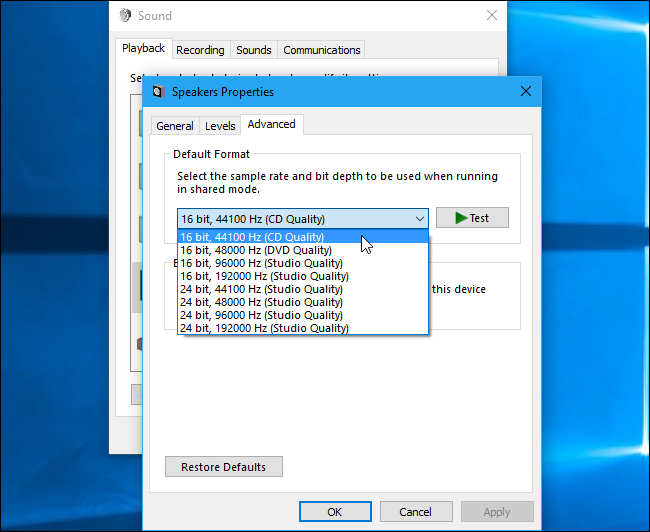 Changing the sample rate and bit depth in the sound settings on Windows.