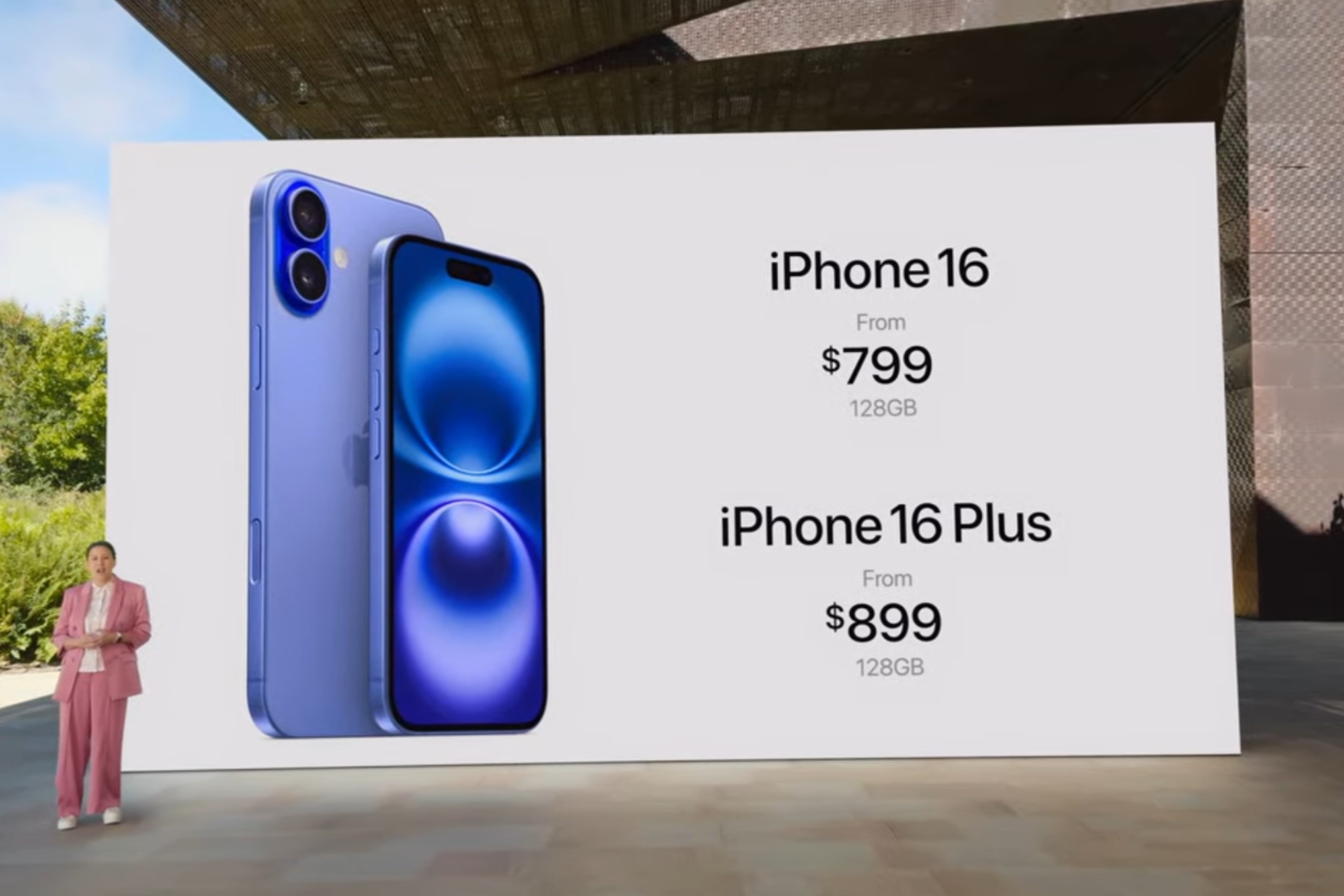 Screengrab of the Apple Glowtime event revealing the iPhone 16 and iPhone 16 Plus pricing.