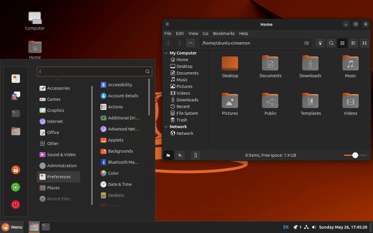 Interface of Ubuntu Cinnamon 24.04 LTS desktop menu and file manager.