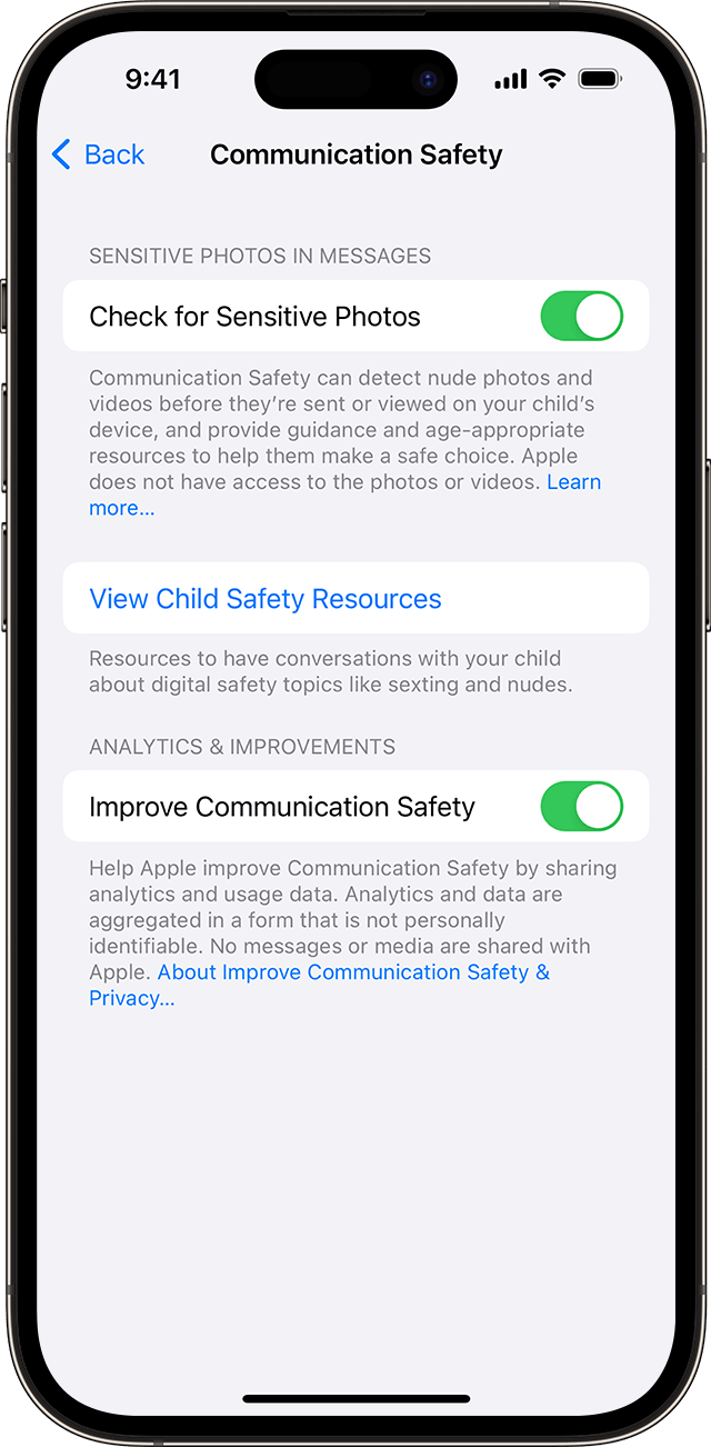 iPhone showing Communication Safety settings, with Check for Sensitive Photos turned on.