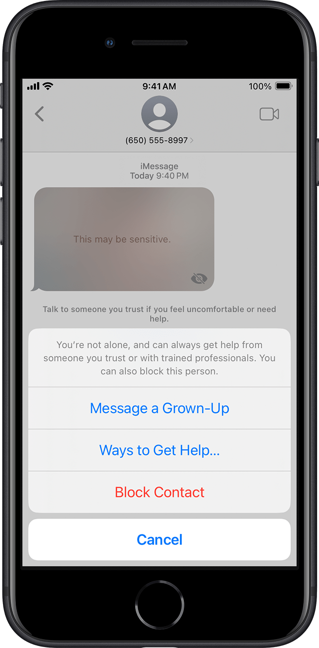 iMessage conversation showing blurred sensitive image and options for the recipient.