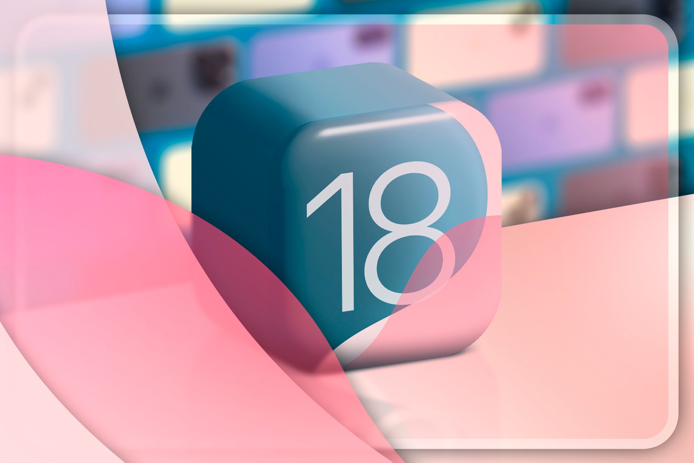 iOS 18 logo in 3D with several blurred iPhones in the background.