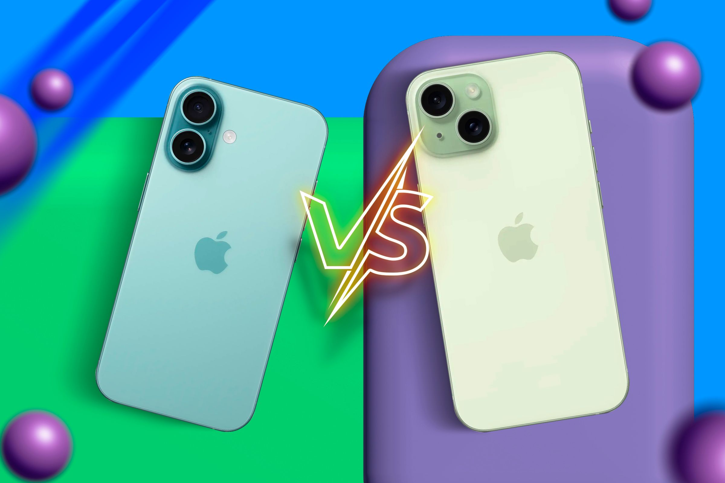 iPhone 15 in Ultramarine and iPhone 15 in Green color with a versus symbol in betwee.