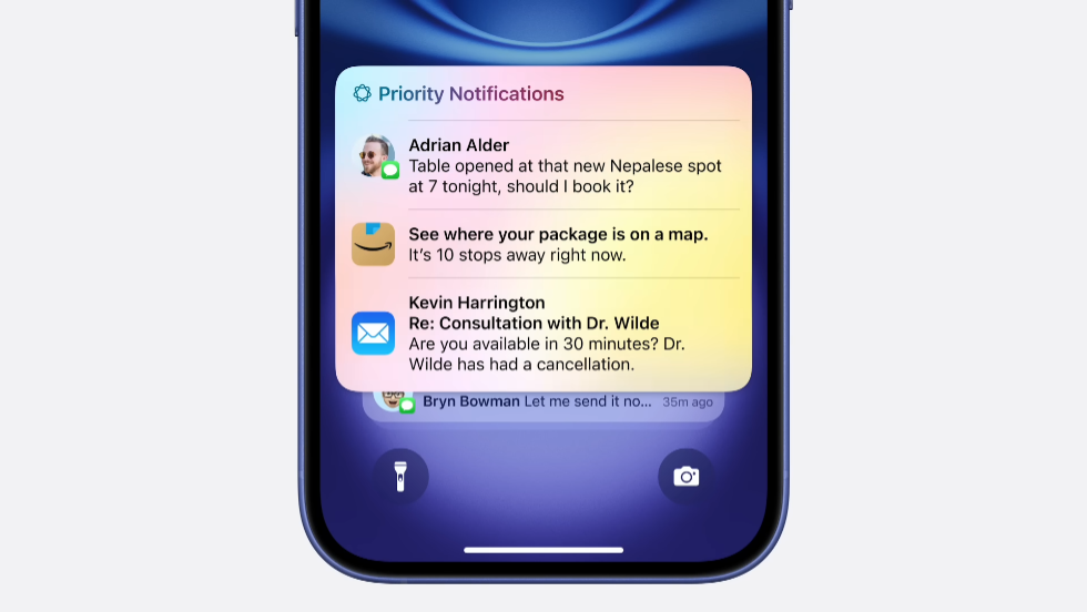 The iPhone 16 showing priority notifications, powered by Apple Intelligence.