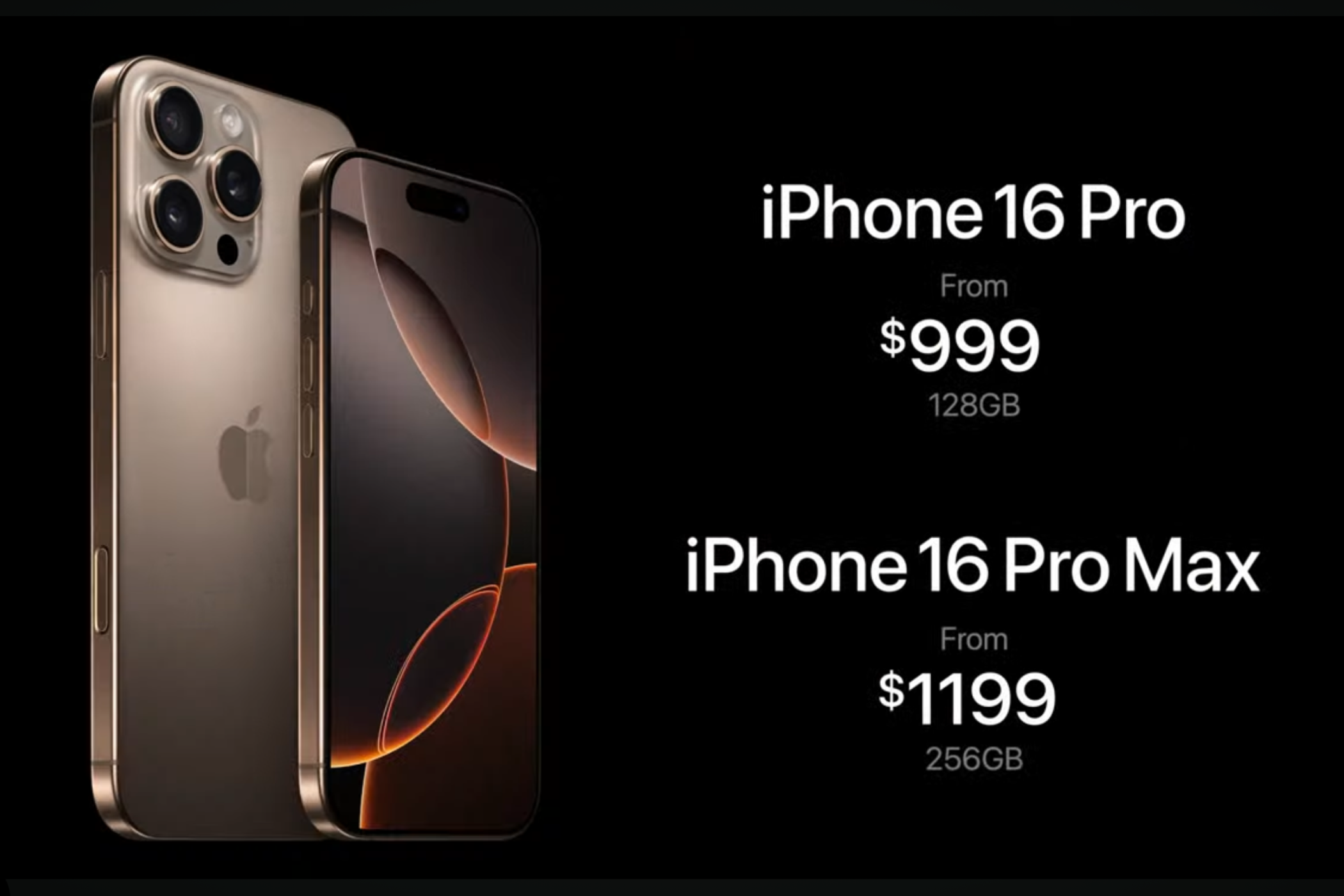 Screengrab of Apple's Glowtime event showcasing the price of the iPhone 16 Pro.