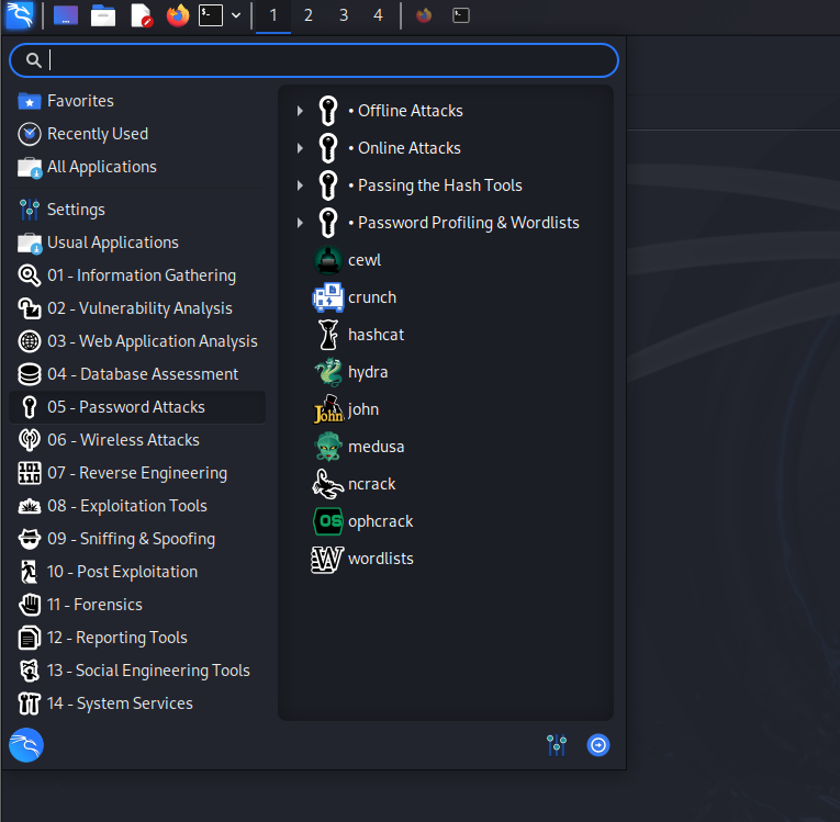 Kali Password Attacks Menu.