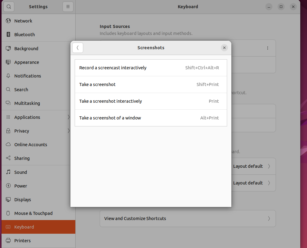 Ububntu Keyboard Shortcut for Screenshot.