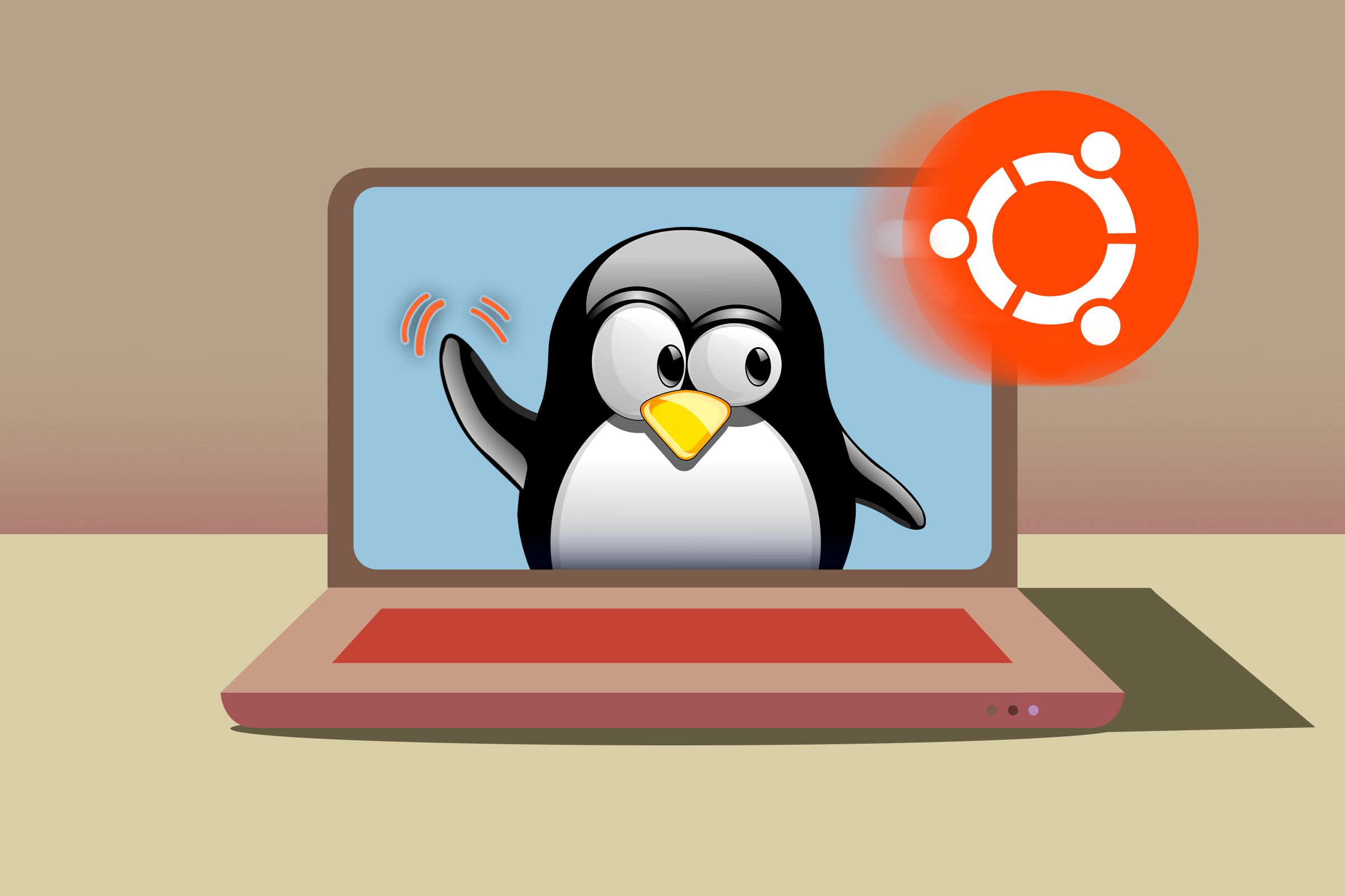 Laptop with Tux waving goodbye to the Ubuntu logo.