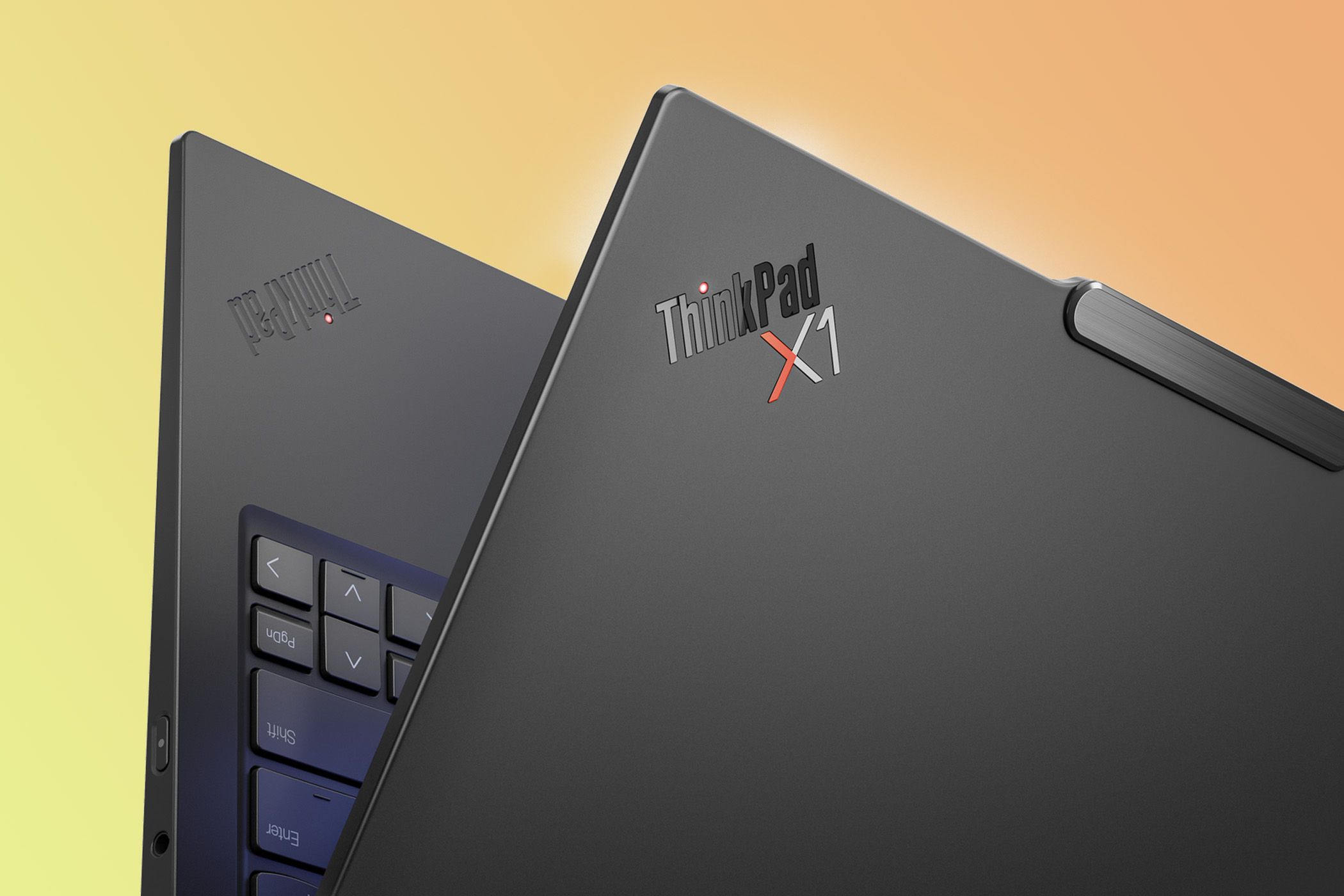 Back of a Lenovo laptop showing the ThinkPad logo.