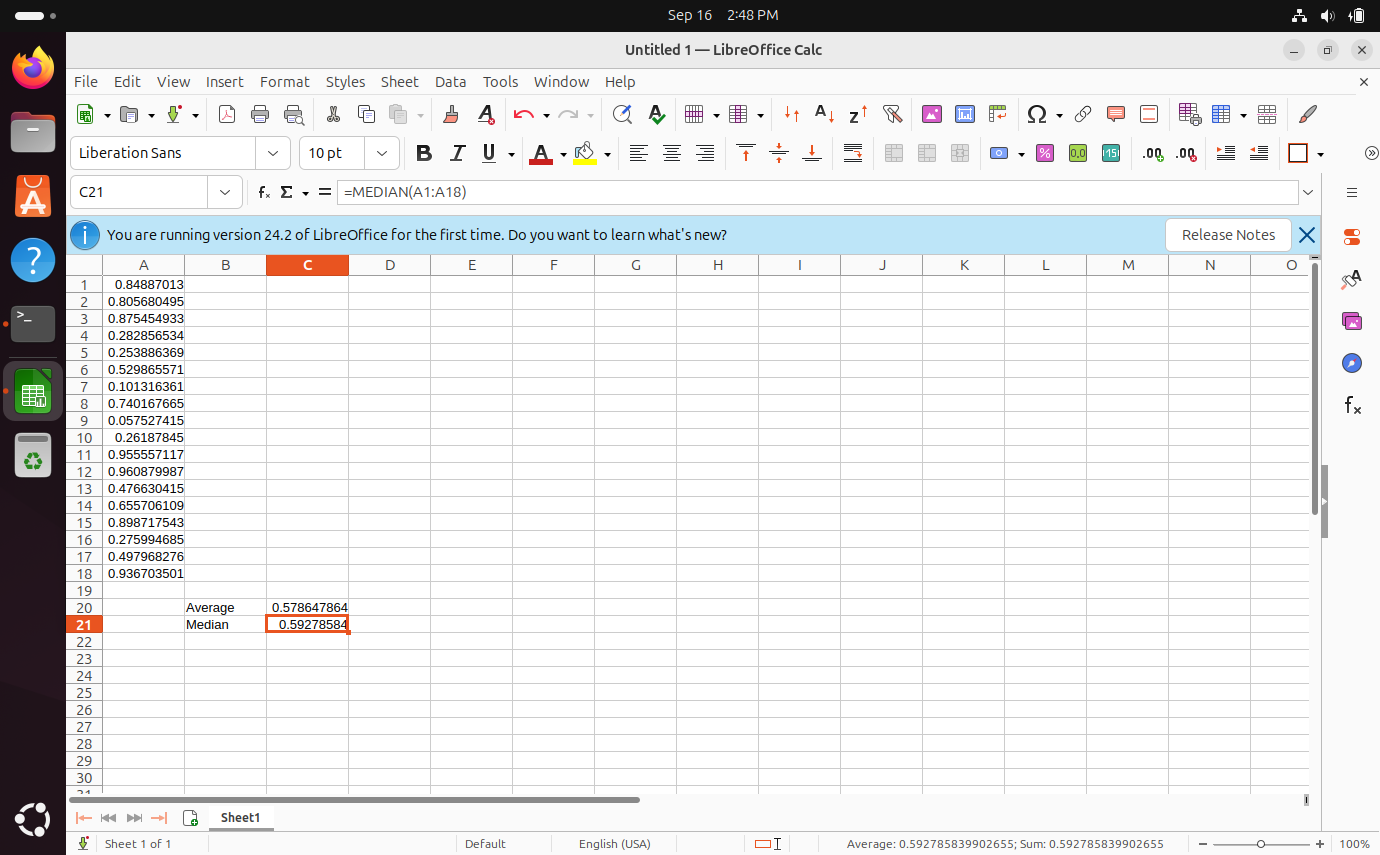 Descriptive statistics being shown in LibreOffice Calc on Ubuntu