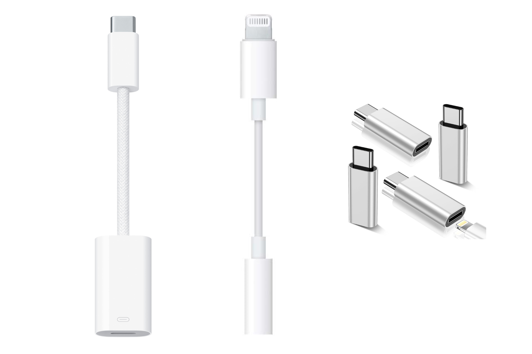 Image of three different Lightning adapters on white background.