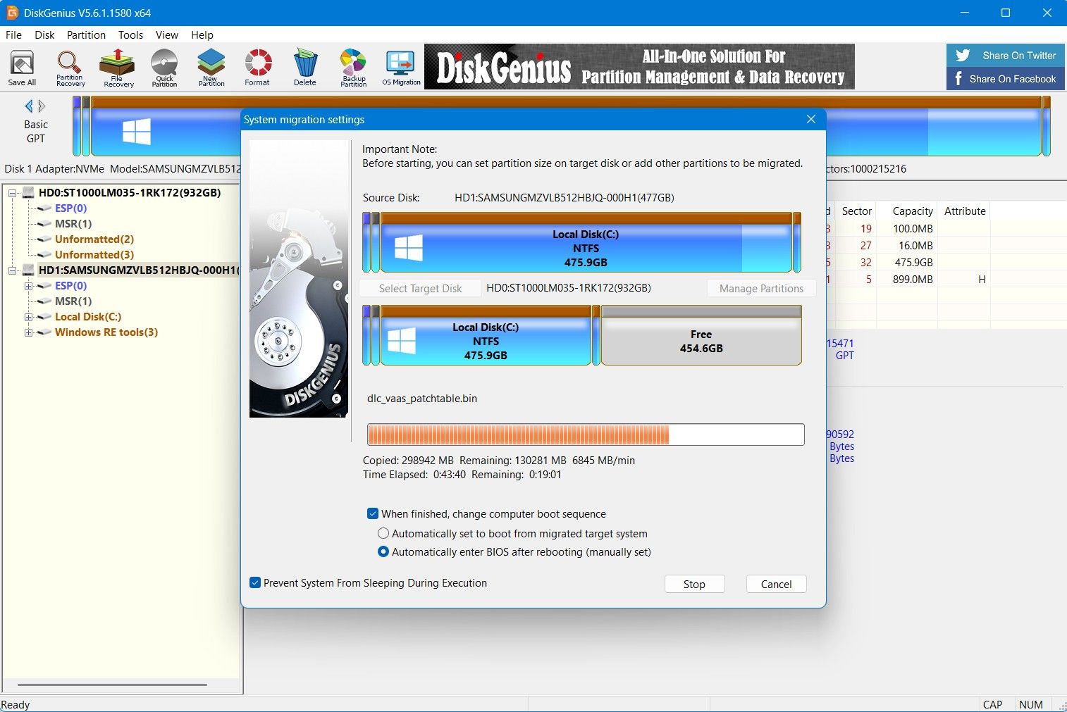 Migrating process in the DiskGenius Tool.