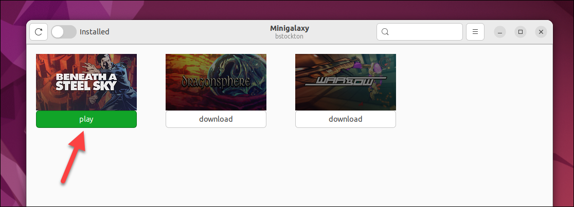 Click Play to begin playing a Linux GOG game in Minigalaxy.