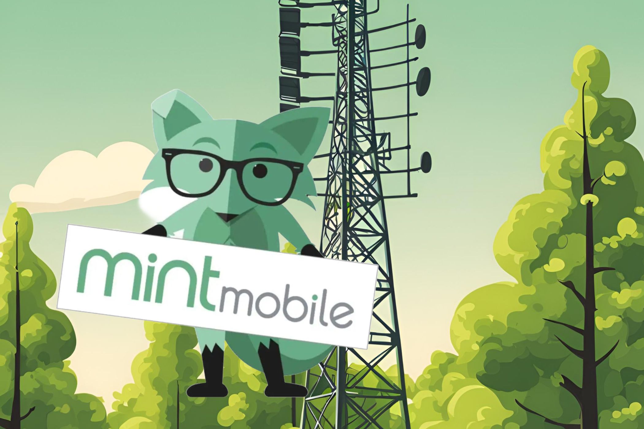 Mint Mobile logo with trees and cell towers in the background.