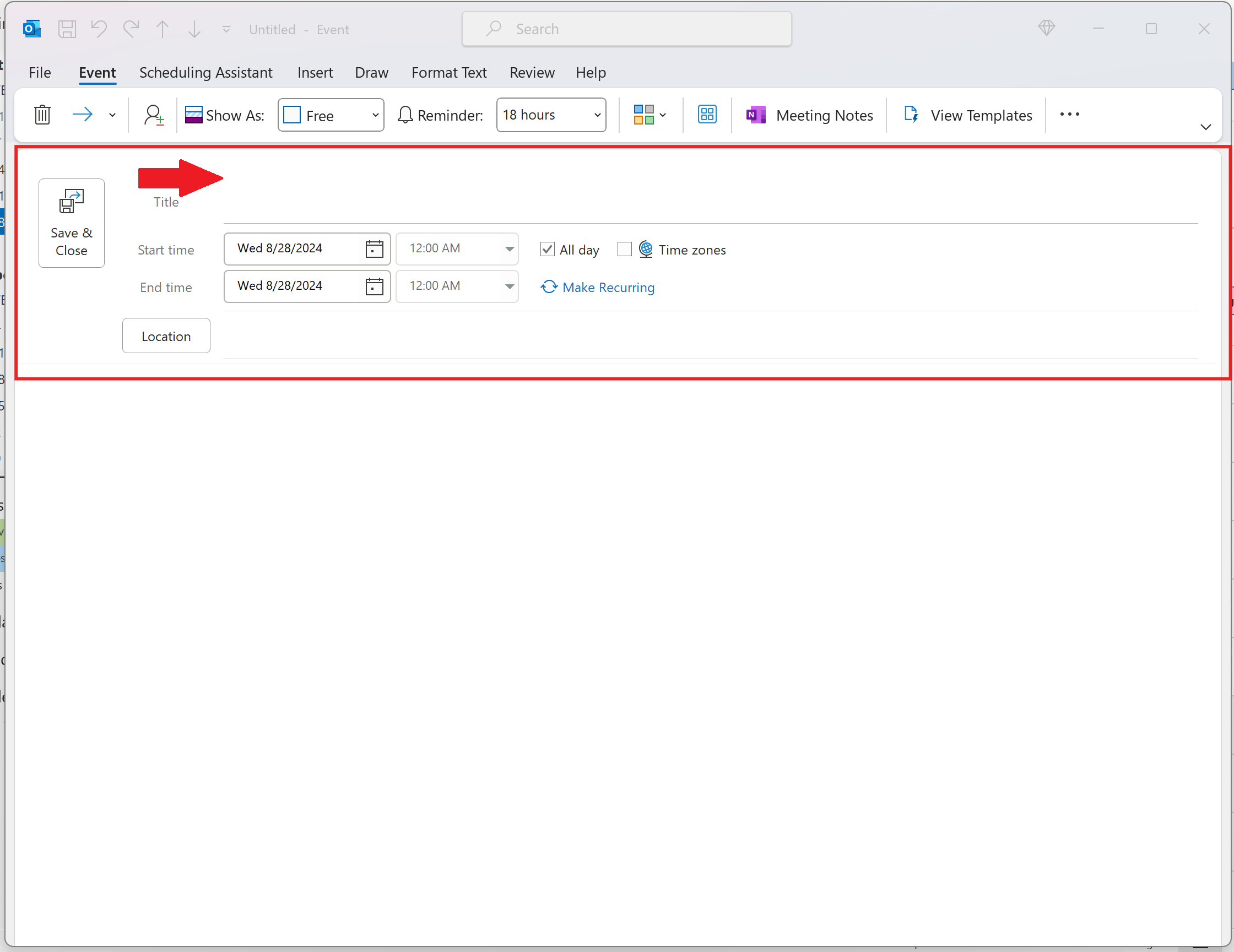 Image of new appointment window in old Outlook.