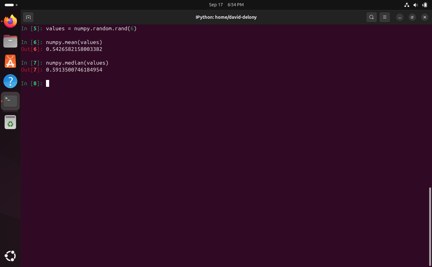 Calculating statistical mean and median on a list of random numbers using NumPy in the Ubuntu terminal