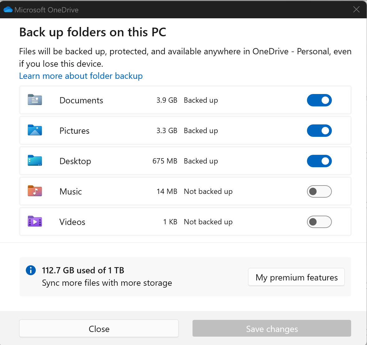 Image of synced folders in OneDrive.