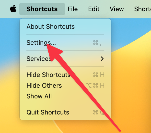 Open ther settings menu for Shortcuts.