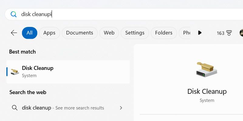 Launching the Disk Cleanup utility using Windows Search.